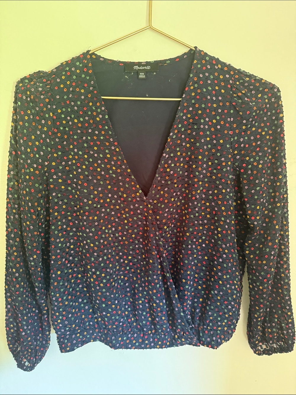 Madewell Navy V-Neck wrap top Blouse with Multicolor Dot Print